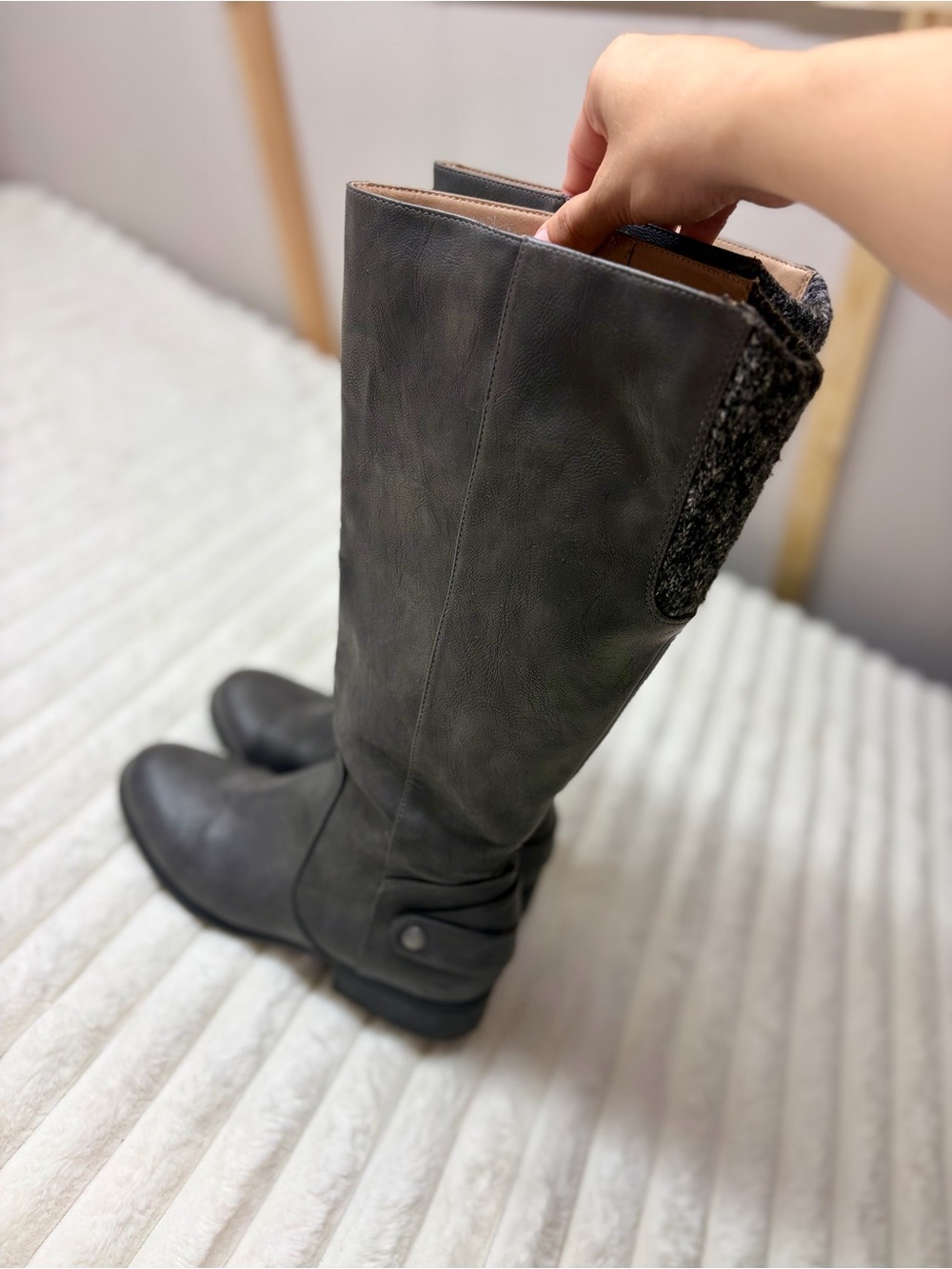 stem Charcoal Gray Over-the-Knee Faux Leather Boots with Knit Panel